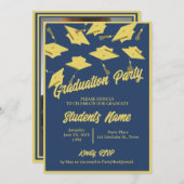 卒業パーティー写真ブルーと金ゴールドのMortarboards 招待状 (正面/裏面)