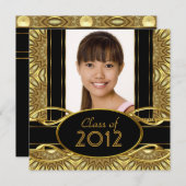 卒業パーティー抽象芸術ブラック金ゴールドガール 招待状 (正面/裏面)