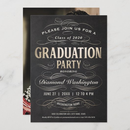 卒業パーティー招待状の金箔 招待状 (正面/裏面)