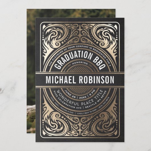 卒業パーティー招待状ゴールドフォイルブラックフォト 招待状 (正面/裏面)