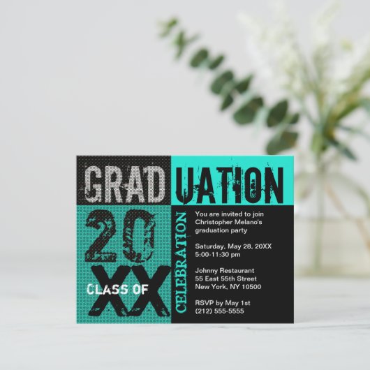 卒業パーティー招待状ティール(緑がかった色) 招待状 (スタンド正面)