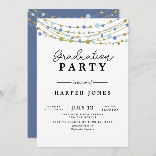 卒業パーティー招待状ブルーと金ゴールド誕生日 招待状 (正面/裏面)