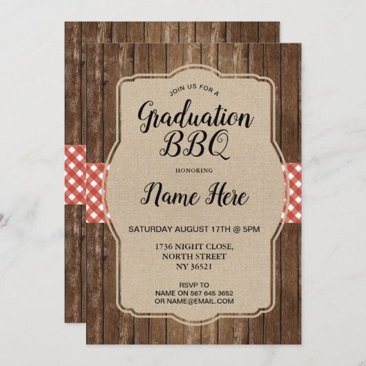 卒業パーティー招待状レッドジンガムBBQバーラップ 招待状 (正面/裏面)