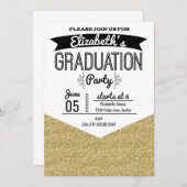 卒業パーティー招待状金ゴールドグリッターとブラック 招待状 (正面/裏面)