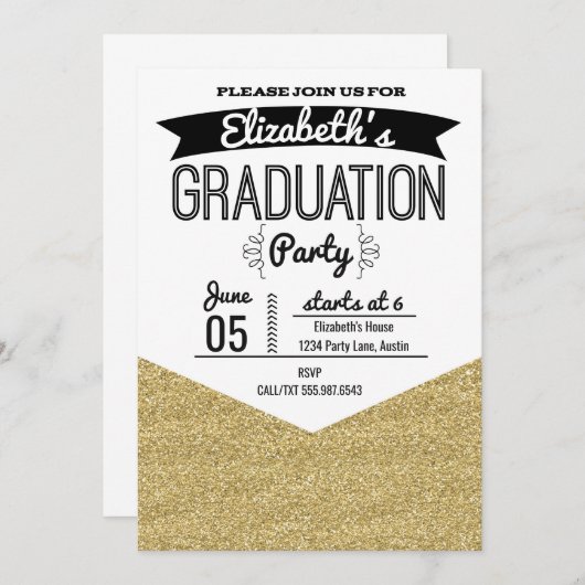 卒業パーティー招待状金ゴールドグリッターとブラック 招待状 (正面/裏面)