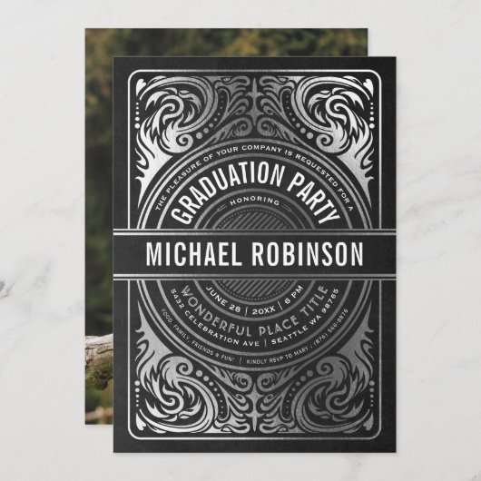 卒業パーティー招待状銀箔写真 招待状 (正面/裏面)