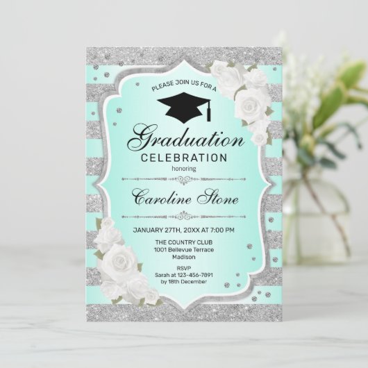 卒業パーティー招待状 – シルバーターコイズ 招待状 (スタンド正面)