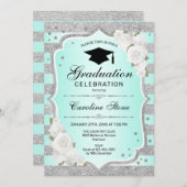 卒業パーティー招待状 – シルバーターコイズ 招待状 (正面/裏面)