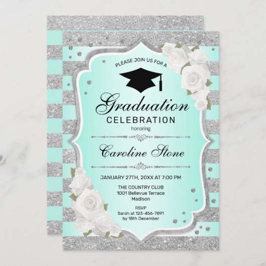 卒業パーティー招待状 – シルバーターコイズ 招待状 (正面/裏面)