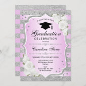 卒業パーティー招待状 – シルバーパープルピンク 招待状 (正面/裏面)