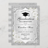 卒業パーティー招待状 - シルバー ホワイト 招待状 (正面/裏面)
