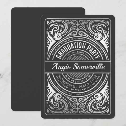 卒業パーティー招待状 ブラック&シルバー 招待状 (正面/裏面)