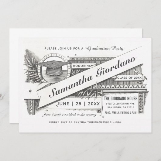 卒業パーティー招待状 | 最高のヴィンテージ 招待状 (正面/裏面)