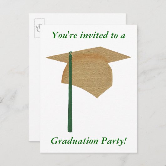 卒業パーティー招待状、金ゴールドと緑の帽子 インビテーションポストカード (正面/裏面)