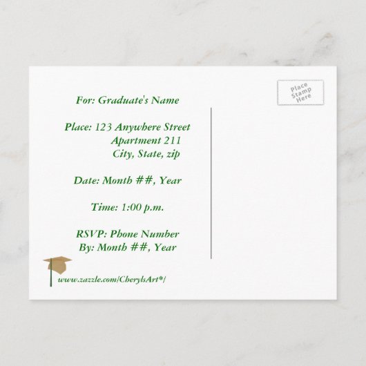 卒業パーティー招待状、金ゴールドと緑の帽子 インビテーションポストカード (裏面)