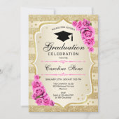 卒業パーティー招待状-金ゴールドピンクローズ 招待状 (正面)