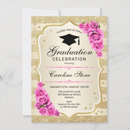 卒業パーティー招待状-金ゴールドピンクローズ 招待状 (正面)
