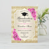 卒業パーティー招待状-金ゴールドピンクローズ 招待状 (スタンド正面)