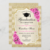 卒業パーティー招待状-金ゴールドピンクローズ 招待状 (正面/裏面)