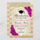 卒業パーティー招待状-金ゴールドホットピンク 招待状 (正面/裏面)