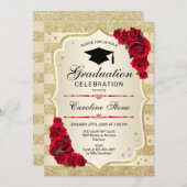 卒業パーティー招待状-金ゴールド赤 招待状 (正面/裏面)