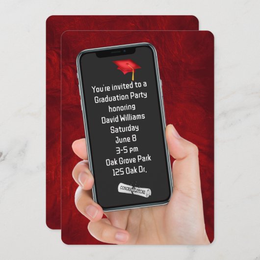 卒業パーティー文字メッセージOn Red Leather 招待状 (正面/裏面)