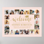 卒業パーティー歓迎フォトコラージュ赤面ピンク ポスター (正面)