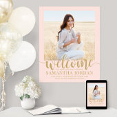 卒業パーティー歓迎フォト赤面ピンクと金ゴールド ポスター