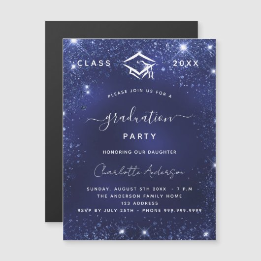 卒業パーティー海軍の青い輝く豪華2025 マグネット招待状 (正面/裏面)