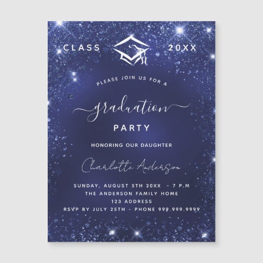 卒業パーティー海軍の青い輝く豪華2025 マグネット招待状 (正面)