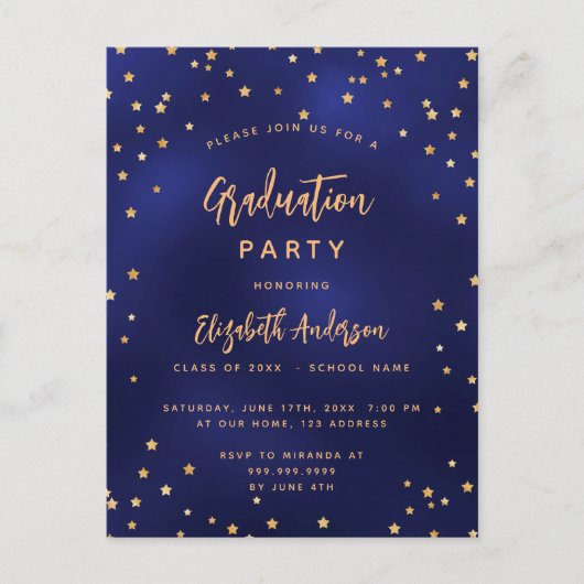 卒業パーティー海軍ブルー金ゴールドスター インビテーションポストカード (正面)