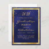 卒業パーティー海軍ブルー金ゴールド招待 ポストカード (正面/裏面)