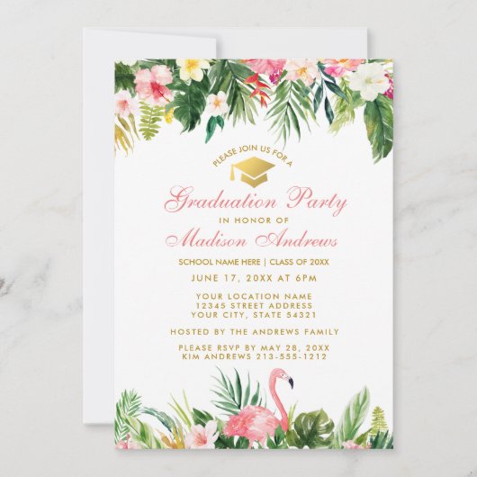 卒業パーティー熱帯フローラピンク金ゴールド 招待状 (正面)