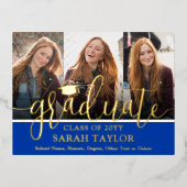 卒業パーティー王室のブルー3フォトスクリプモダント 箔招待状ポストカード (正面)