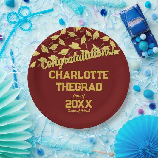 卒業パーティー用品パーソナライズされたマルーン金ゴールド ペーパープレート (パーティー)