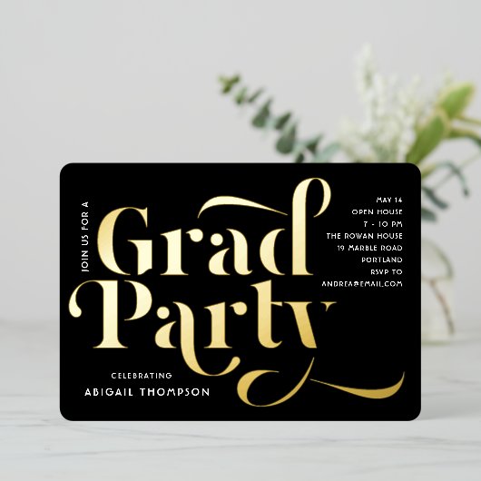 卒業パーティー発表フォイル実在ヘッドライン 箔招待状 (立ち正面)