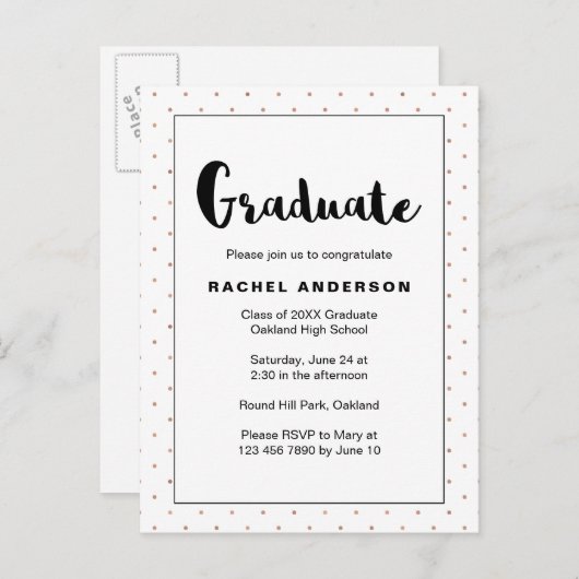 卒業パーティー白黒フェイク金ゴールドドット インビテーションポストカード (正面/裏面)