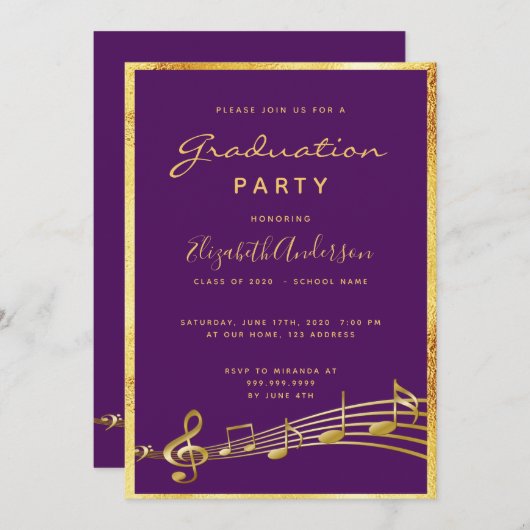 卒業パーティー紫の金ゴールドミュージックガール 招待状 (正面/裏面)
