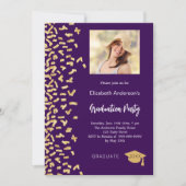 卒業パーティー紫の金ゴールド紙吹雪の女の子の写真 招待状 (正面)