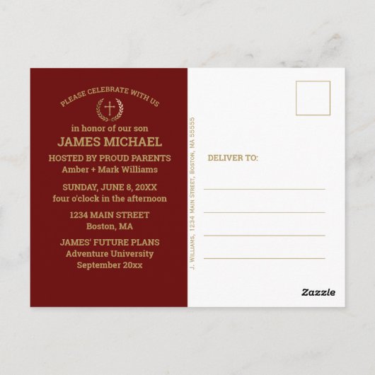 卒業パーティー聖書の詩のフォトマルーン金ゴールド ポストカード (裏面)