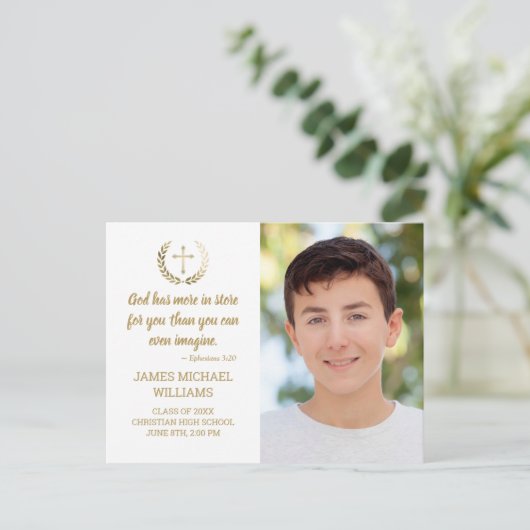 卒業パーティー聖書の詩の写真ホワイト金ゴールド ポストカード (スタンド正面)