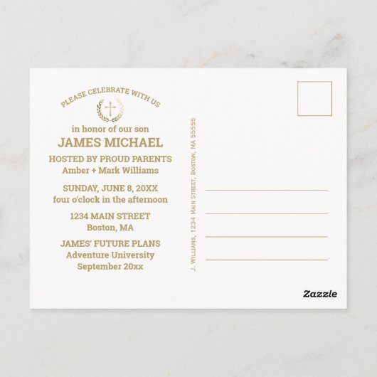 卒業パーティー聖書の詩の写真ホワイト金ゴールド ポストカード (裏面)