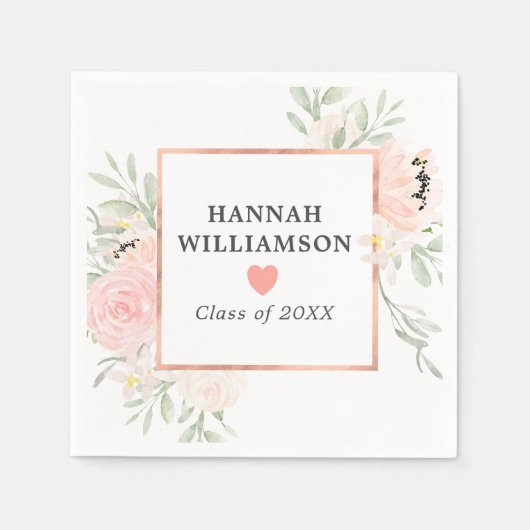 卒業パーティー赤面ピンクローズフローラ スタンダードカクテルナプキン (正面)