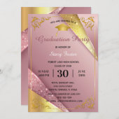 卒業パーティー輝くピンクのサテンの花柄 招待状 (正面/裏面)