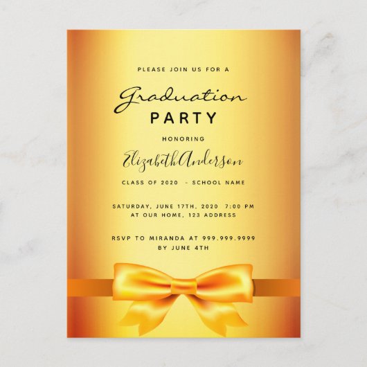 卒業パーティー金ゴールドの招待 ポストカード (正面)