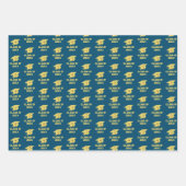 卒業パーティー金ゴールドキャップの青いギフトラップ ラッピングペーパーシート (正面3)