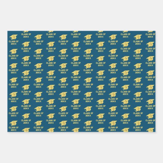 卒業パーティー金ゴールドキャップの青いギフトラップ ラッピングペーパーシート (正面3)