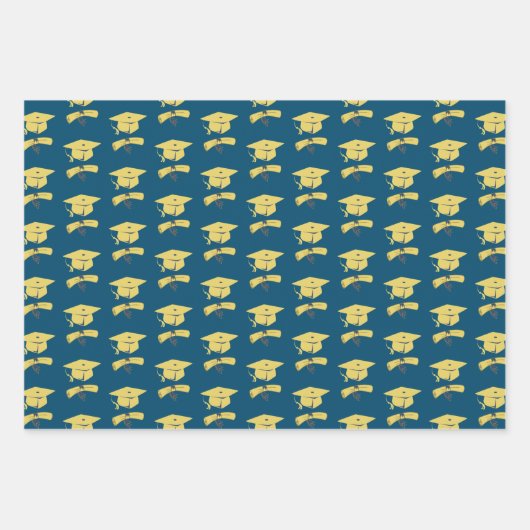 卒業パーティー金ゴールドキャップの青いギフトラップ ラッピングペーパーシート (正面2)
