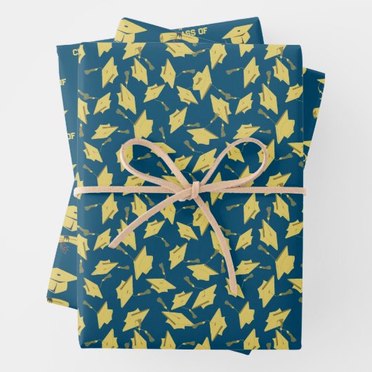 卒業パーティー金ゴールドキャップの青いギフトラップ ラッピングペーパーシート (インサイチュ)
