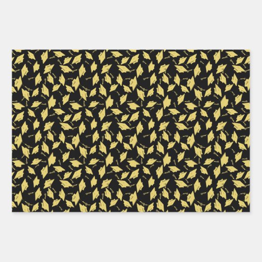 卒業パーティー金ゴールドキャップの黒いギフトラップ ラッピングペーパーシート (正面)